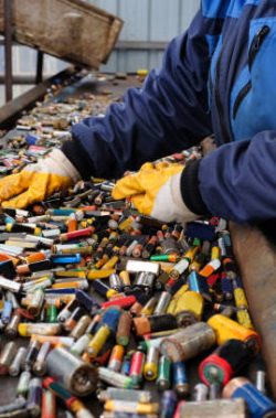 Inside a recycling facility, a worker in a blue jacket and yellow gloves is handling numerous used batteries on a metal conveyor, preparing them for the recycling process.